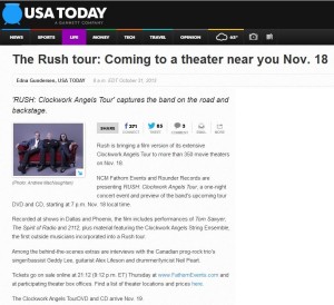 USA TODAY — The Rush tour: Coming to a theater near you Nov. 18