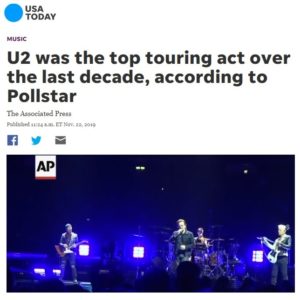 USA TODAY: U2 was the top touring act over the last decade, according to Pollstar